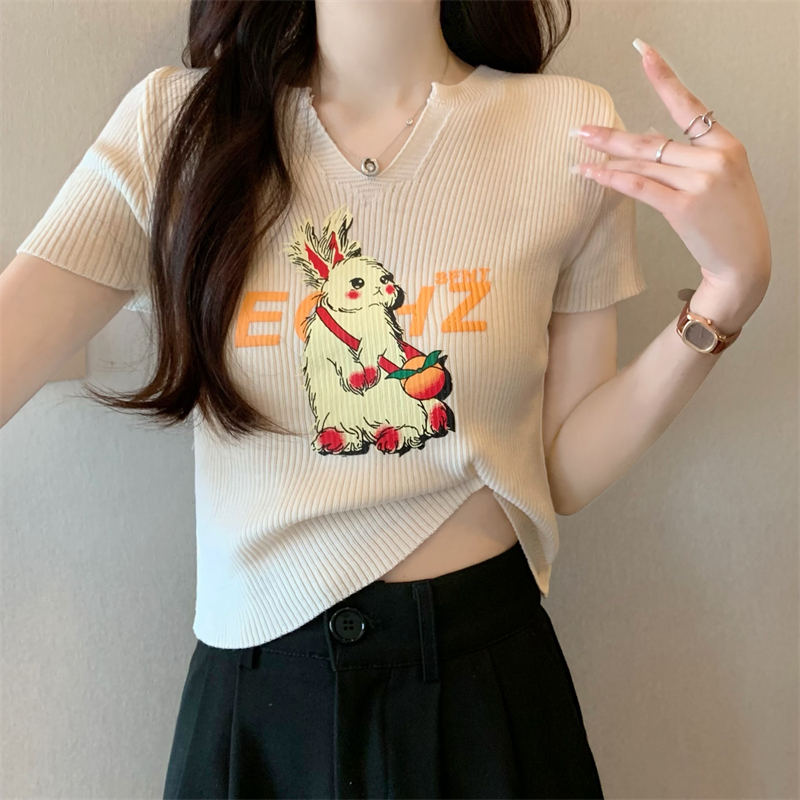 Real-life wholesale price 2025 summer new Korean version slim fit and slim small V-neck cartoon rabbit printed knitted top