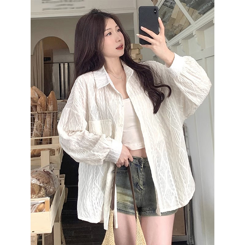 White hook flower hollow shirt for women fashionable loose long-sleeved sun protection top casual cardigan thin jacket
