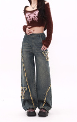 American side zipper wide-leg jeans for women in autumn and winter design butterfly patch thickened loose pants