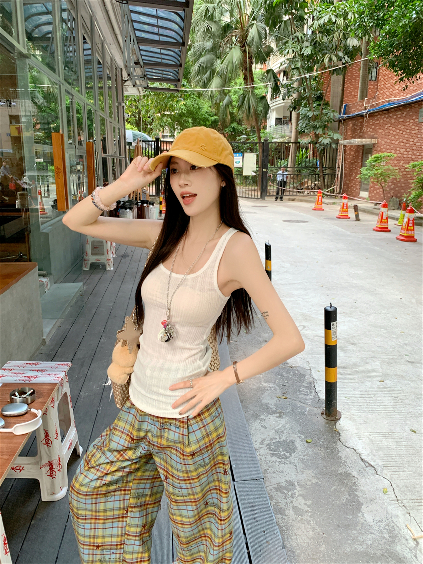 Real shot~Retro American contrasting striped wide-leg pants loose trousers hollow lace vest set