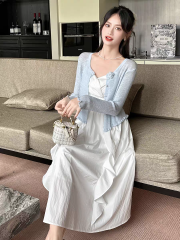 Summer New Style Dress Fashion Set Exquisite Fairy Atmosphere Belted Open Shirt Nodded Edge Straps Dress Two-Piece Set