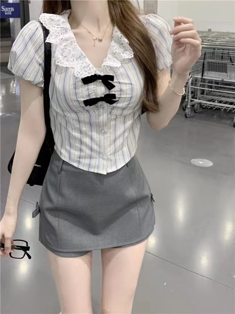 Hot girl bow striped short-sleeved shirt for women in summer lace spliced ​​doll collar design top