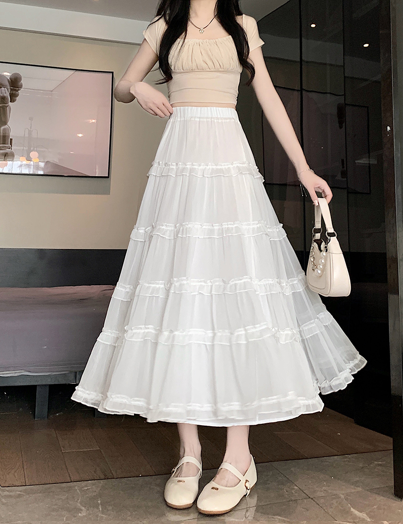 Real shot of gentle wind, mesh half-body skirt with mesh, spliced ​​sweet A-line cake skirt