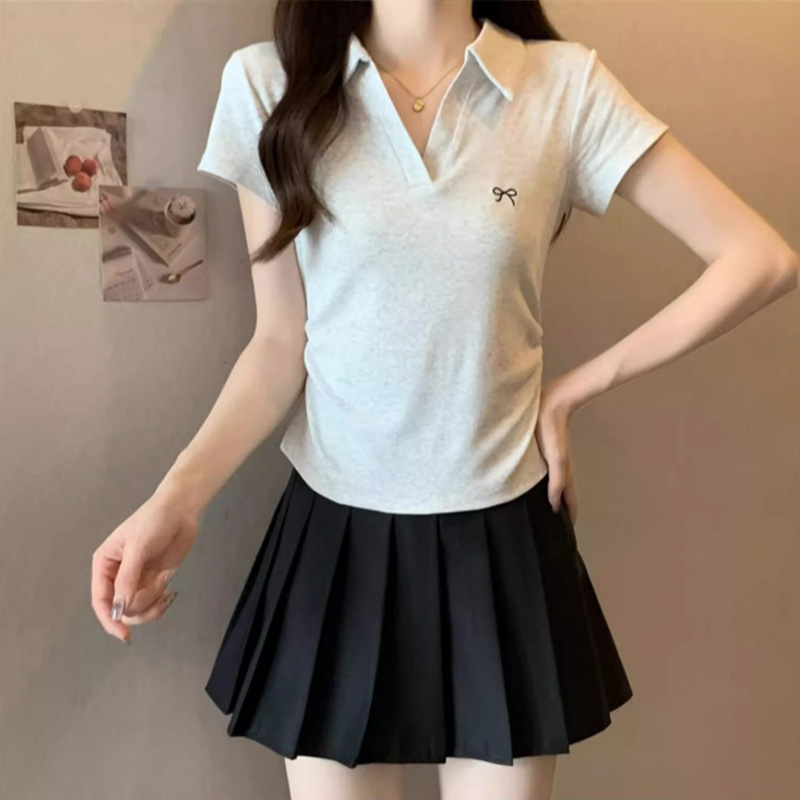 Official picture 210g pure cotton thread polo collar waist-closing front shoulder short-sleeved T-shirt for women's summer short top
