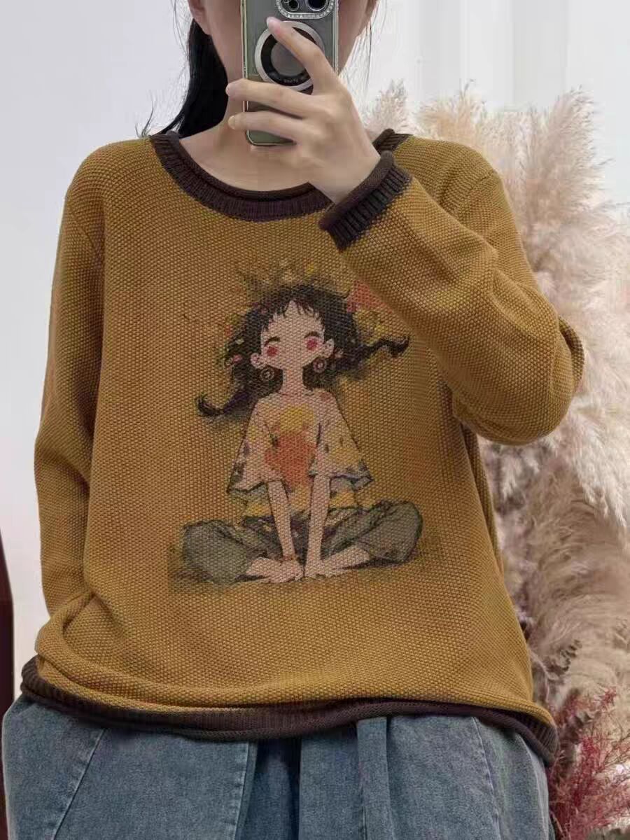 Design sense contrast color curled girl knitted sweater women retro literary pullover loose top