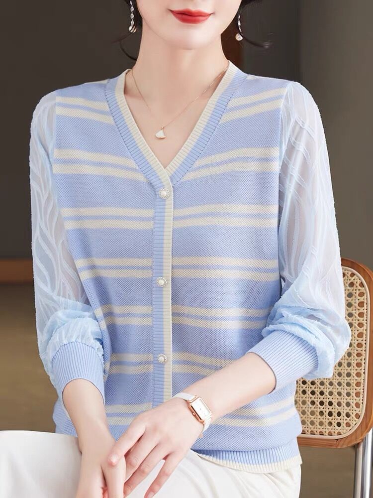 Spring new base v-neck chic mother short slim striped long-sleeved sweater women's top