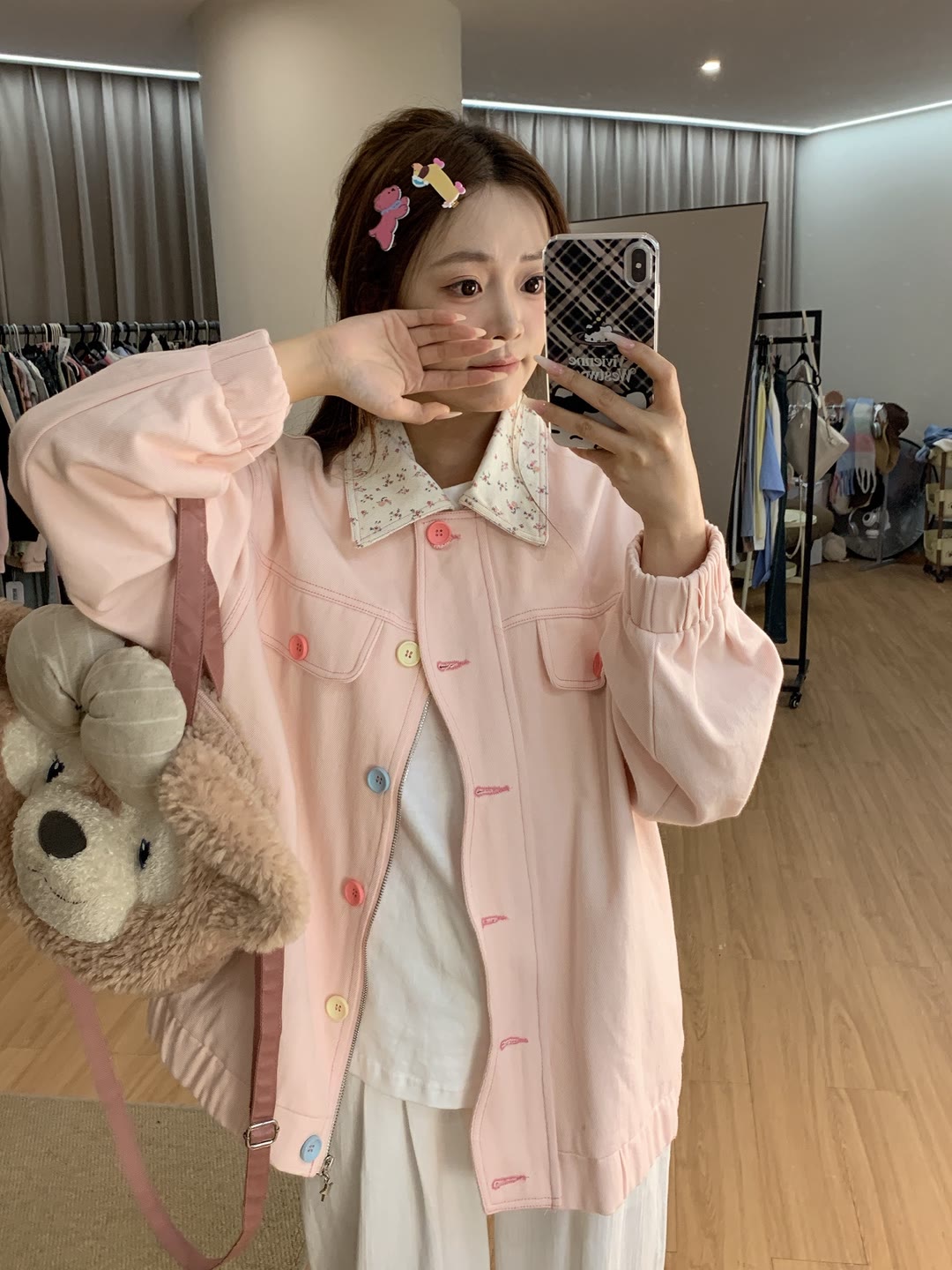 Pink small floral lapel denim jacket for women in autumn design color buckle loose versatile jacket top new style