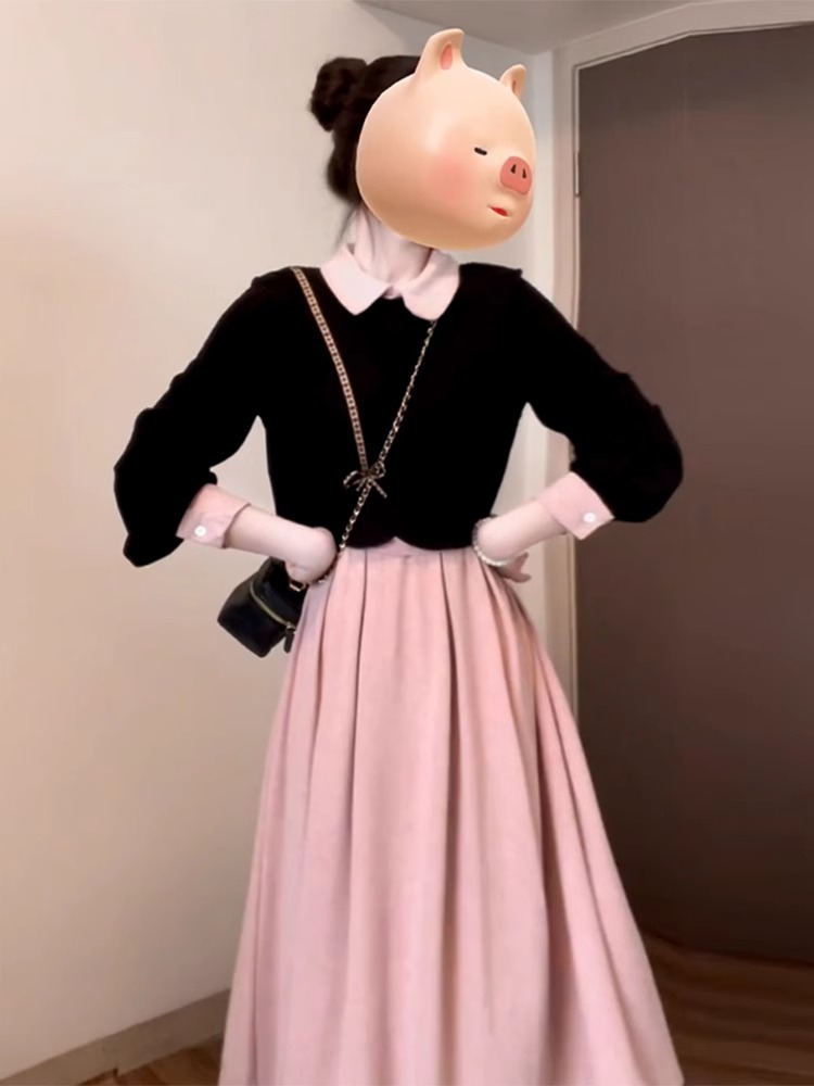 French high-end outfit a complete set of dresses with a small waist and slimming golden style pink vest dress