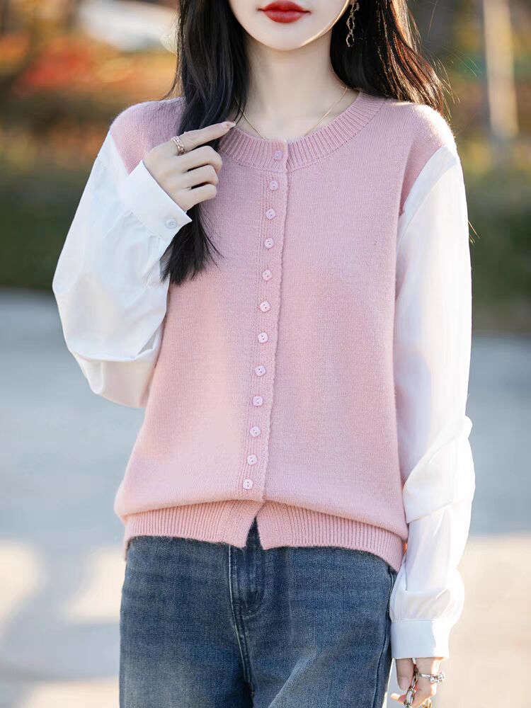 Korean knitted fake two-piece cardigan for women's spring and autumn new round neck sweater jacket thin loose splicing top