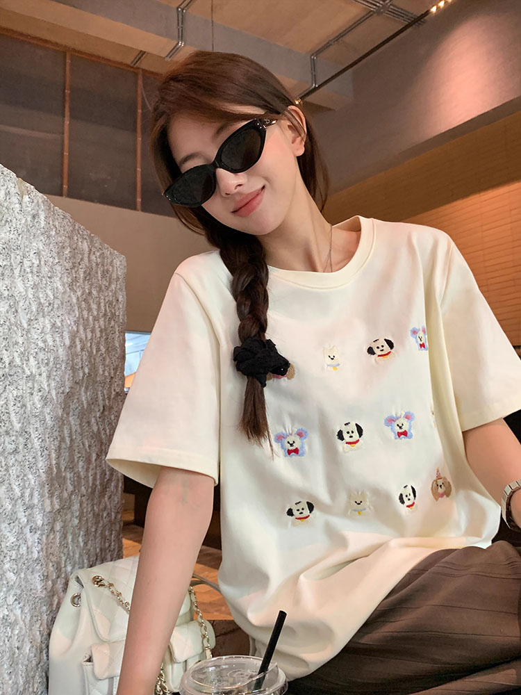 230g pure cotton back collar shoulder embroidery niche design short-sleeved T-shirt women's loose casual top