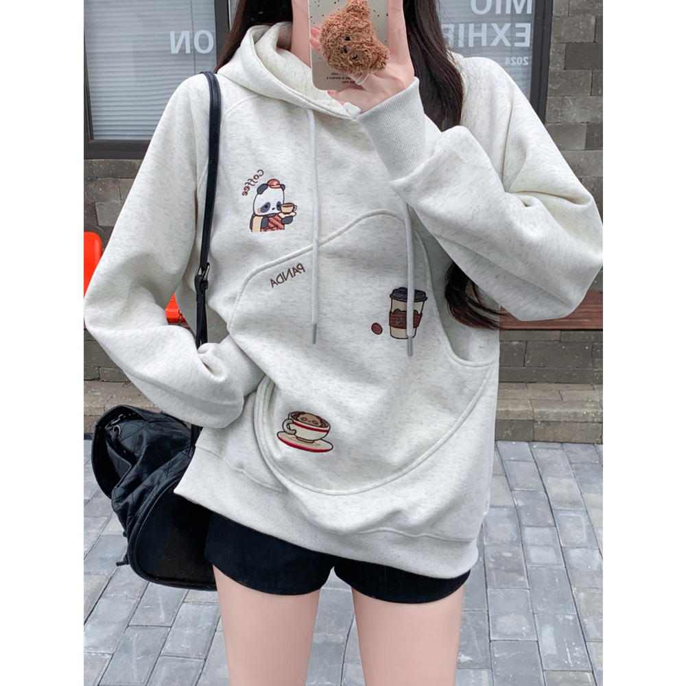Real shot of Huamian composite spring thin doll bear sweatshirt for women with hooded pocket design embroidery