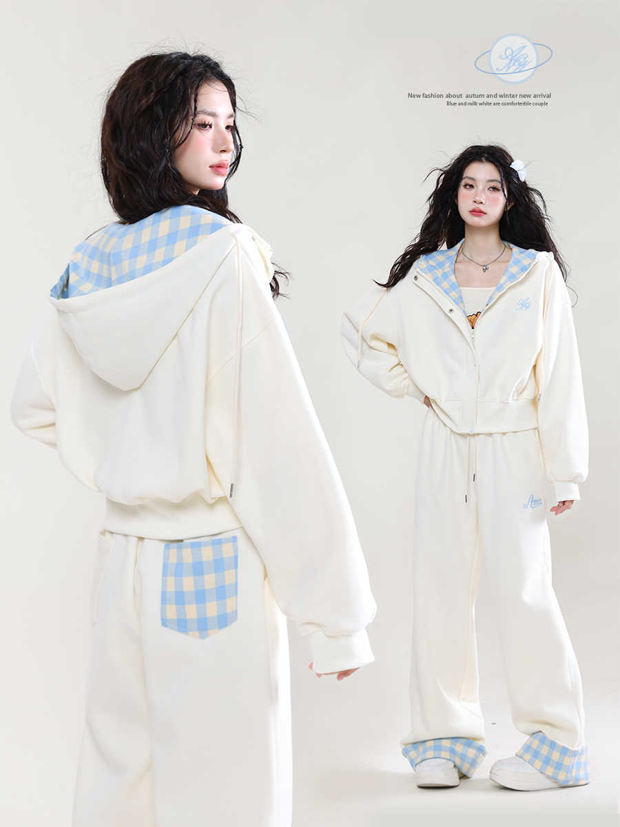 Original workmanship sweet loose milk plaid casual hooded cardigan sweatshirt women's spring and autumn jacket casual pants set