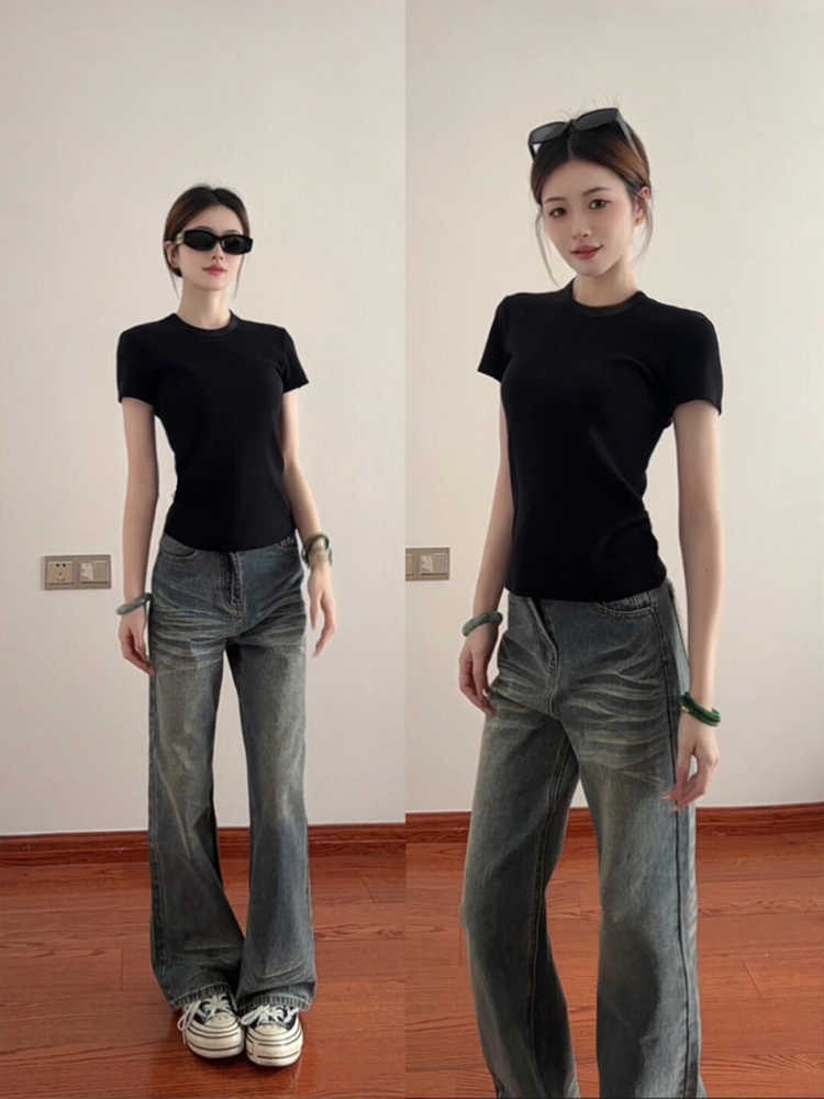 Women's spring and summer 2025 new short-sleeved slim short round neck basic slim top