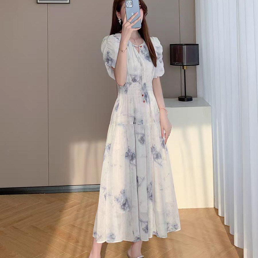 Ink painting dress for women 2025 new summer high-end French waist-hugging and slimming temperament V-neck chiffon skirt
