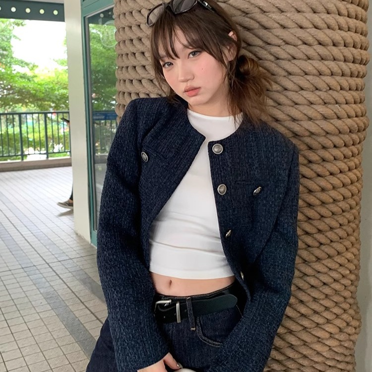 Navy blue retro high-end loose long-sleeved top casual style trendy short cardigan jacket for women