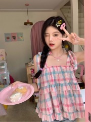 Dopamine girls suspender shirt women's summer new design sweet strap plaid short top