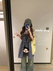 Original fabric #blue plaid skirt two-wear for women summer French strapless vest skirt A-line umbrella skirt