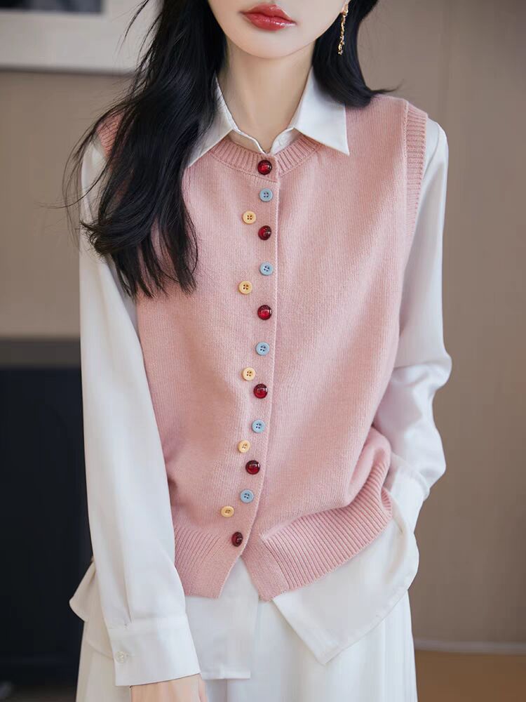 Spring and Autumn round neck color buckle knitted cardigan for women knit loose layered vest vest top
