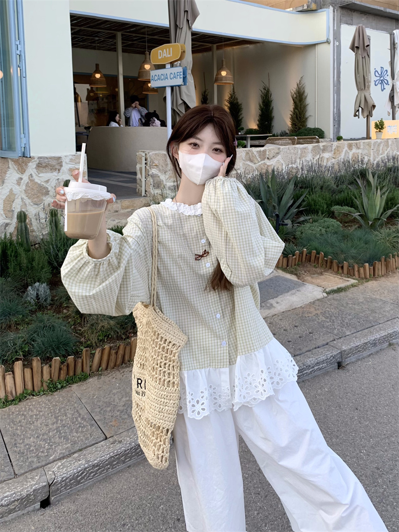 Real shot Korean lace plaid shirt spliced ​​doll top versatile wide-leg pants suit