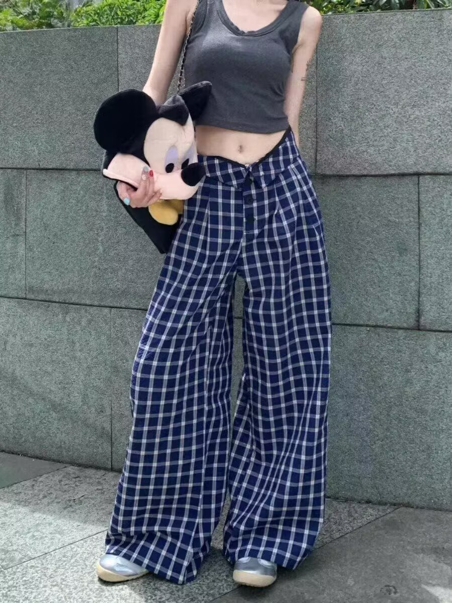 Blue plaid casual pants for women in summer lazy style high waist wide-leg straight pants walk pants floor-moving trousers