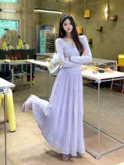 Real shot pure and sweet suit for women purple cross V-neck long-sleeved T-shirt top pleated skirt two-piece set