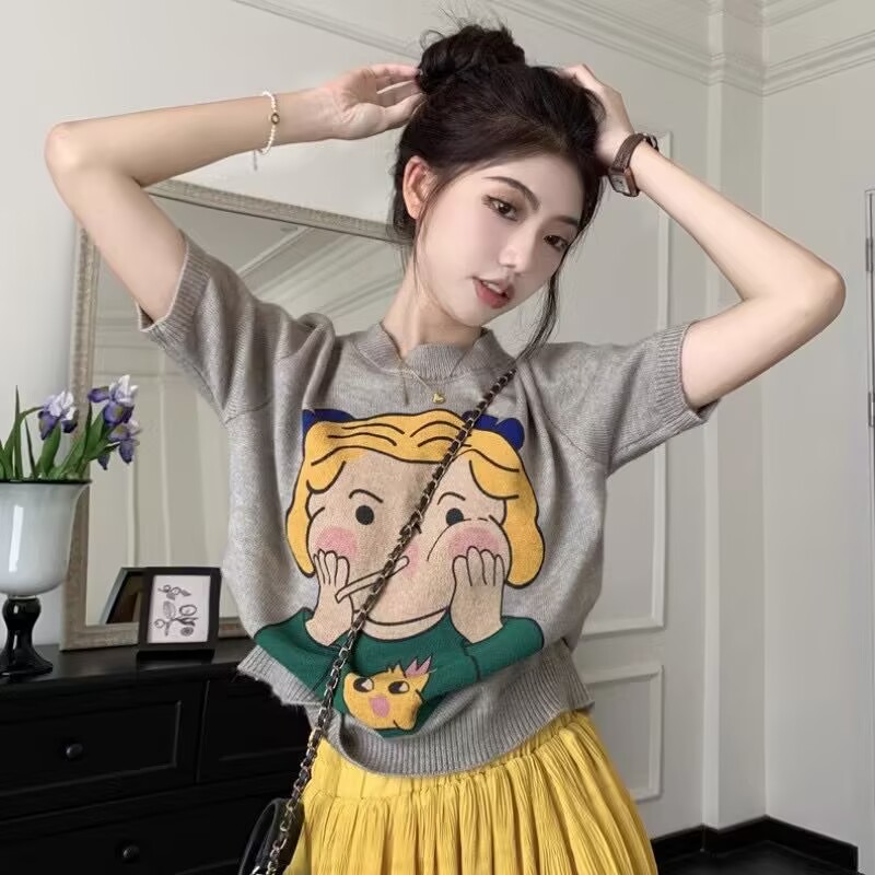 Cartoon printed knitted short-sleeved T-shirt for women in summer 2025 new loose slim short half-high neck base top