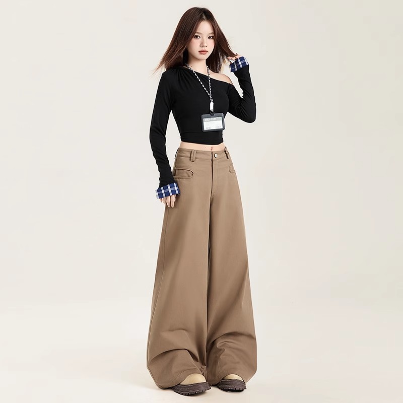 American retro khaki wide-leg casual pants for women in spring and autumn 2025 high waist droop loose straight floor pants