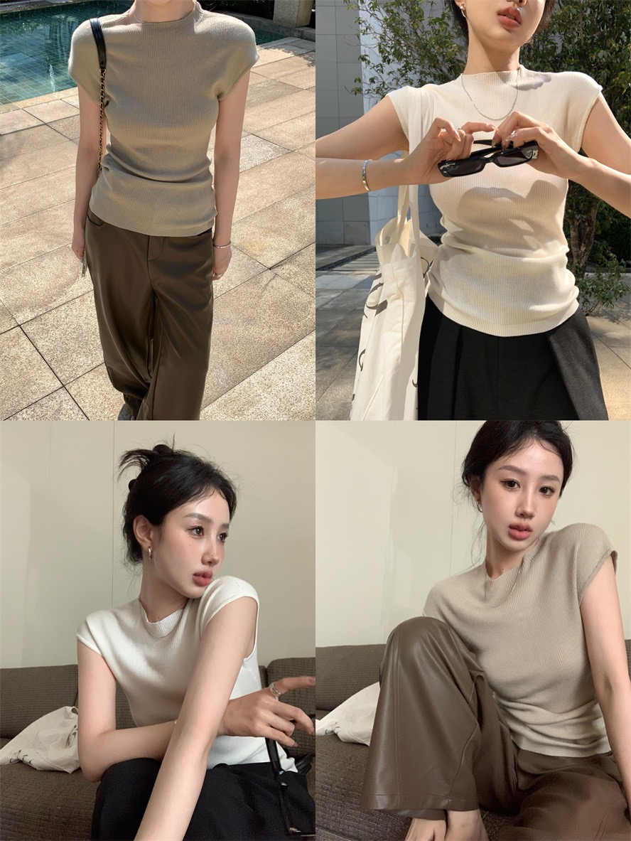 已出貨 辣妹純色針織短袖T恤女夏季半高領修身顯瘦氣質短款上衣