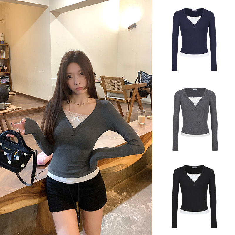 Real shot - Lace bow fake two-piece T-shirt for women long-sleeved summer new style front shoulder slim short top trendy