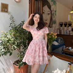French sweet style pink floral puff sleeve dress for women in summer high-end sense waist-hugging escape princess cake skirt