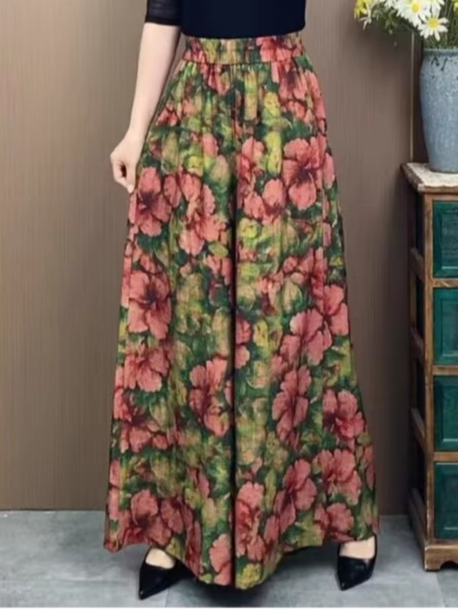 女裝原創闊腿褲民族風女褲寬鬆遮肉2025夏季新款碎花洋氣花色褲