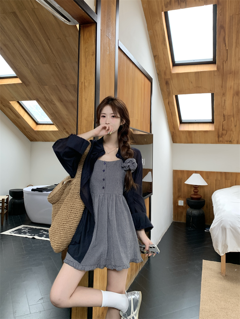 Real photo of lazy style loose thin shirt plaid suspender dress two-piece set
