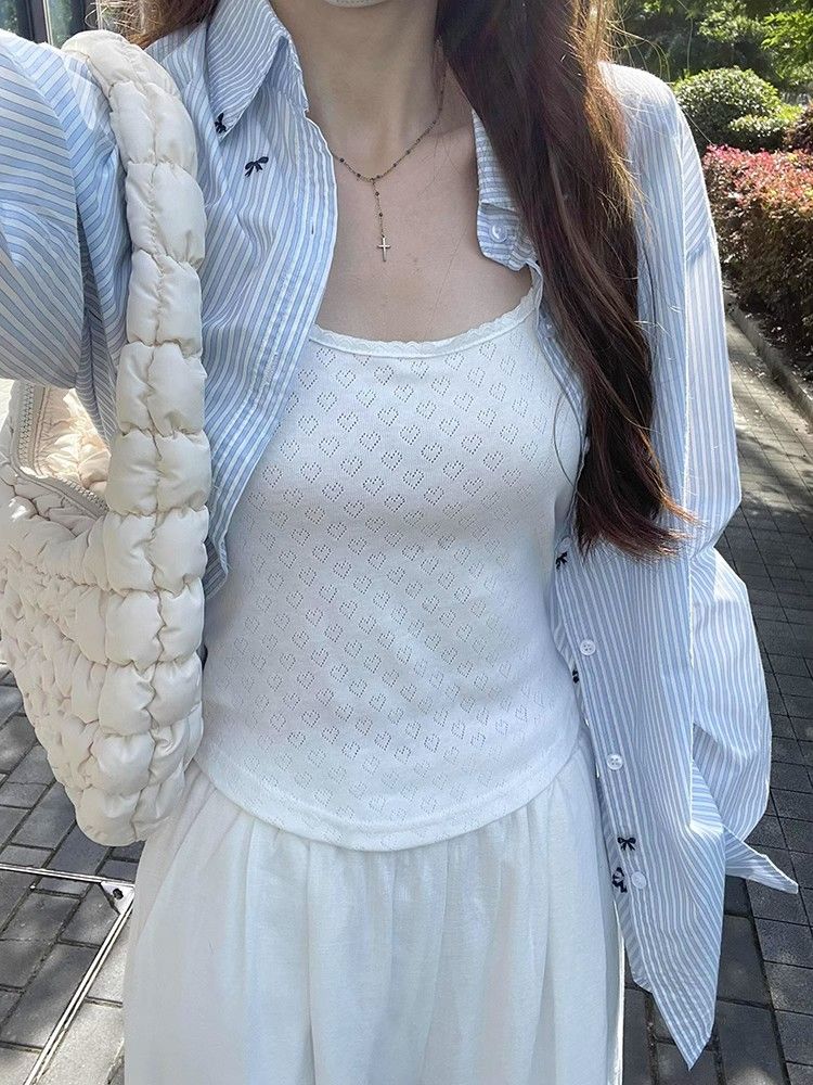 Bow embroidered blue striped shirt for women's autumn new loose long-sleeved sun protection top casual jacket