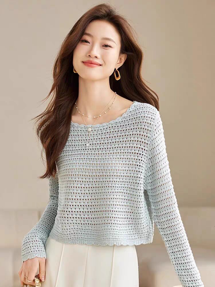 Spring new top regular pullover straight-tube casual hollow blouse long wool knitted sweater