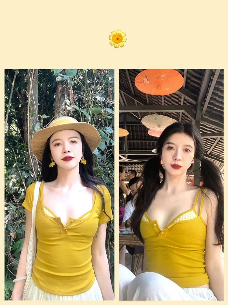 Yu Xiaoping, Pure Short-sleeved T-shirt, unique and beautiful suspender vest, women's inner sleeveless top