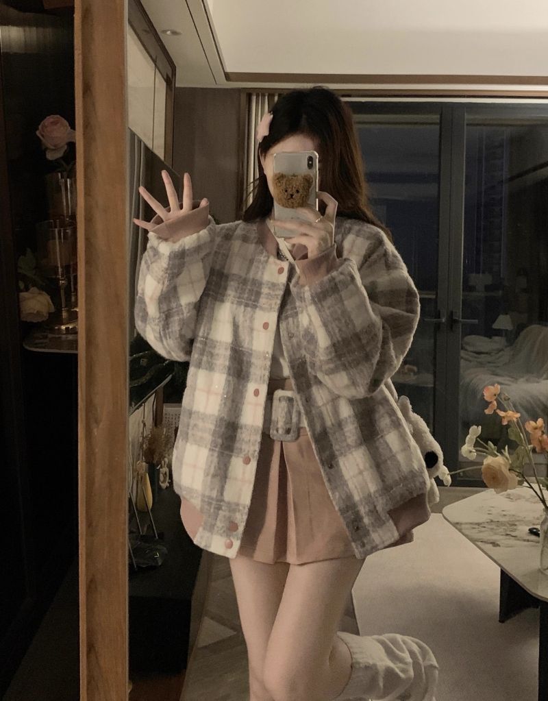 Pink checked spliced ​​baseball uniform jacket for women 2025 autumn new sweet and cool hot girl loose casual jacket top