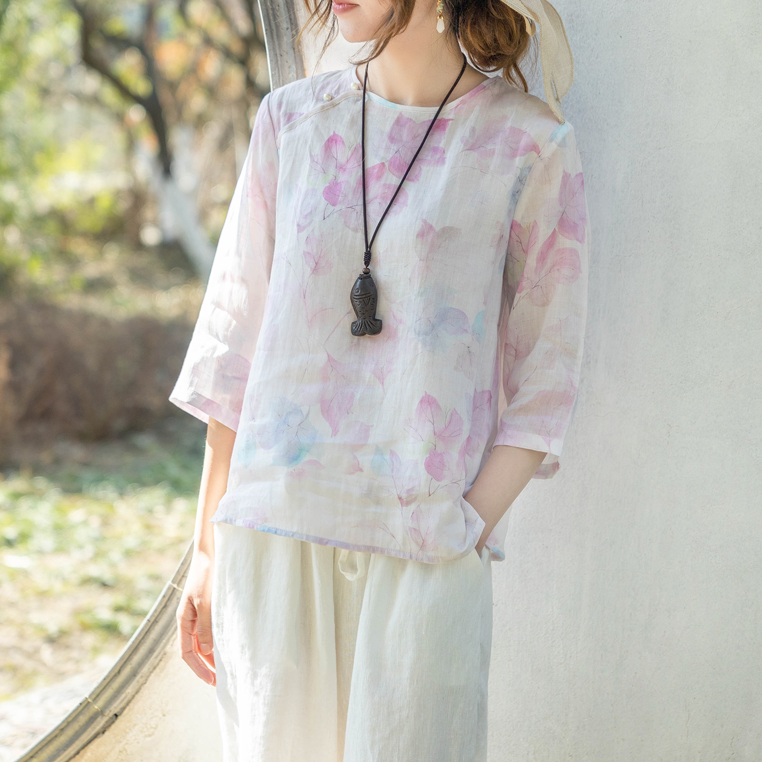 2025 ramie printed round neck early spring new women's clothing, art retro shirt, Chinese style top