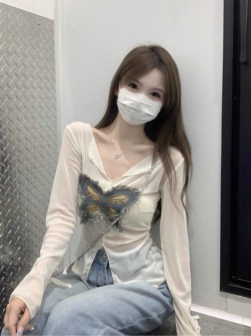 40D Mesh French Butterfly Hot Girl Slit Sunscreen Long Sleeve T-shirt Women's Summer Waist Slim Sleeve Top