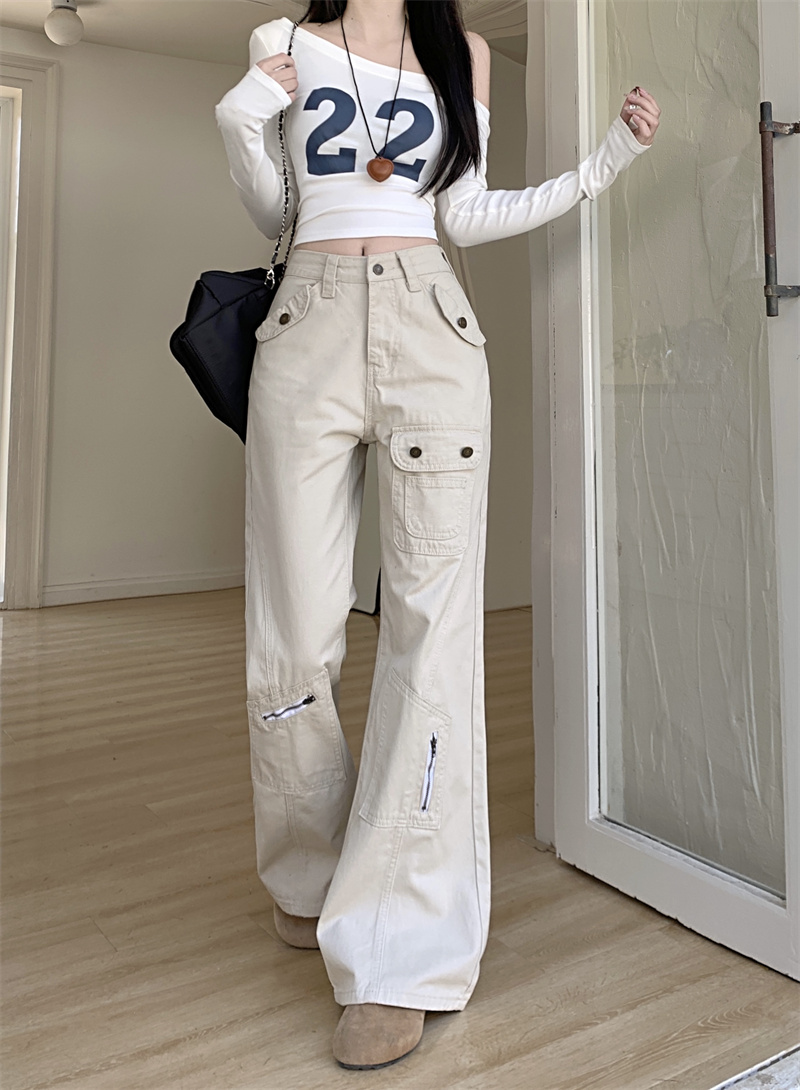 American multi-pocket workable jeans for women in spring 2025 new design high waist straight-tight wide-leg pants