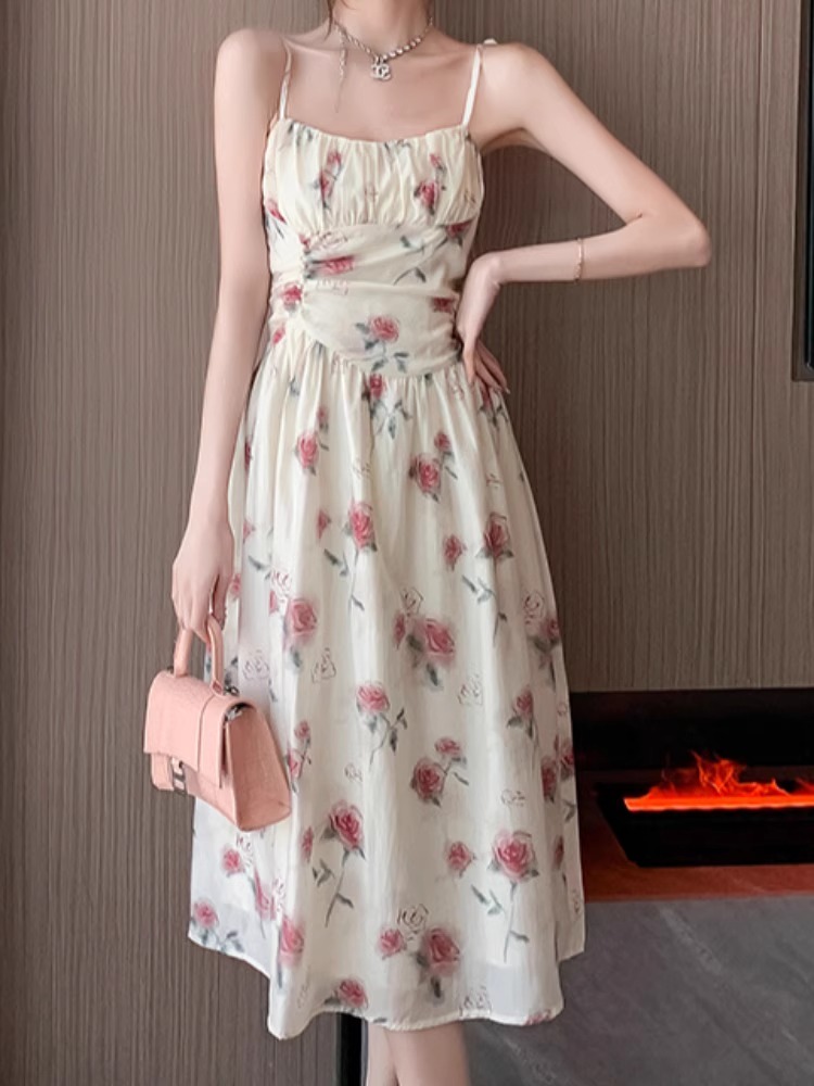 Romantic tea break dress summer new suspender rose French waist-hugging floral seaside vacation fairy skirt