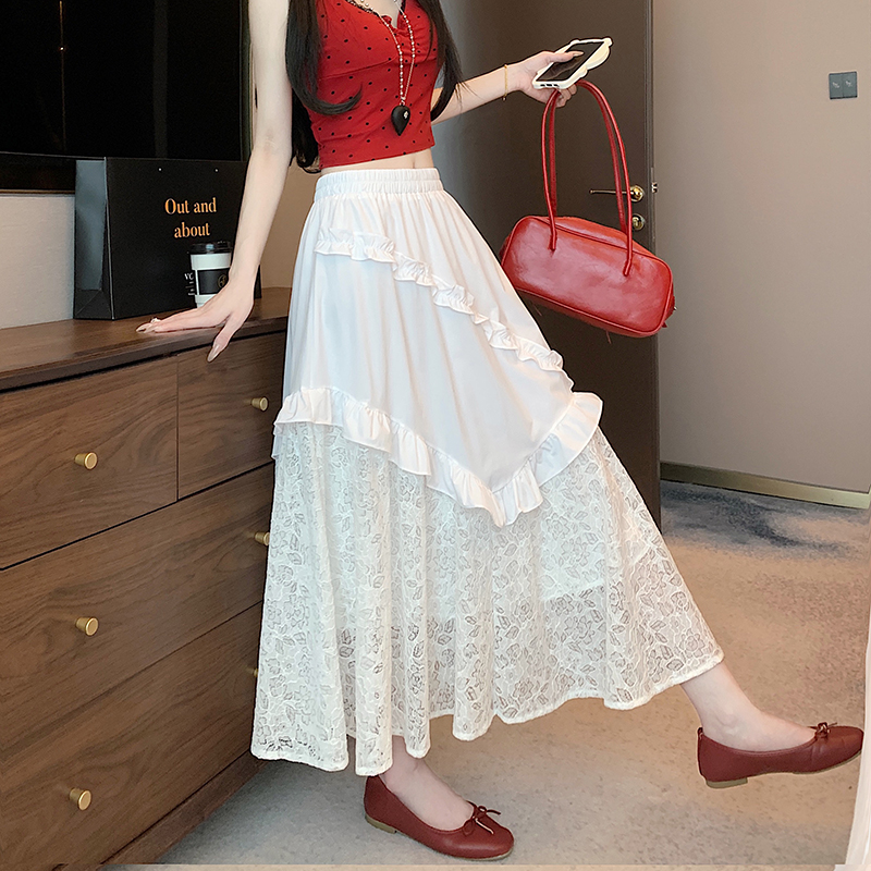 Real shot of spring and summer high-waisted lace fashionable skirt with versatile design to make you look slim and long skirt with wooden ears