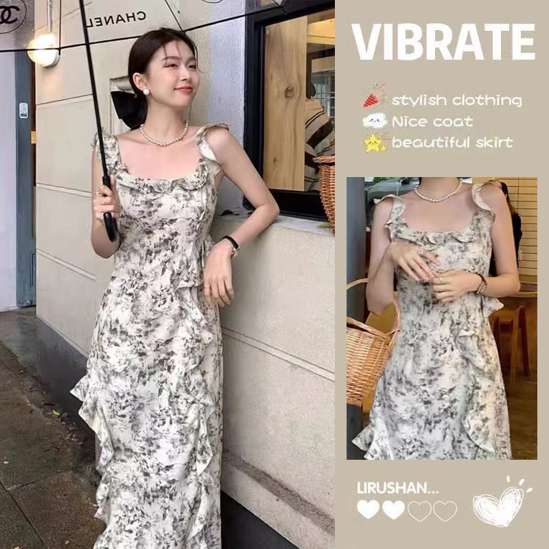 French elegant square collar sleeveless suspender chiffon floral dress for women in summer temperament waist-hugging irregular long skirt