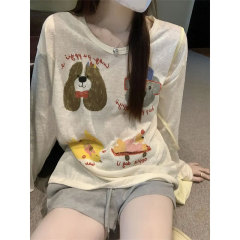 Original fabric cartoon printed T-shirt long-sleeved base top summer Korean lazy sunscreen blouse