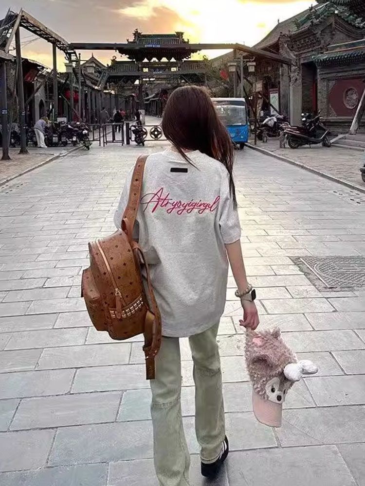 230g pure cotton back collar bag shoulder original embroidery + rubber-placing American loose short-sleeved T-shirt top for women