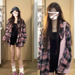 25 Cotton 75 Polyester American Retro Spring and Autumn Plaid Shirt Jacket Women's 2025 New Oversize Long Sleeve Top