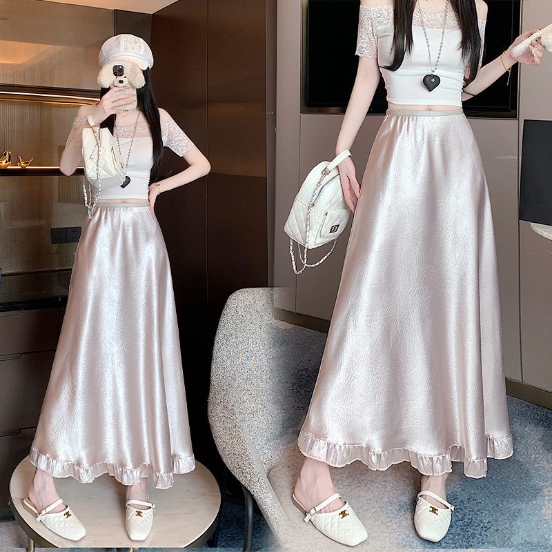 Real shot of spring and summer texture, acetic acid A-line skirt, fashionable black ears spliced ​​drooping mid-length skirt for women