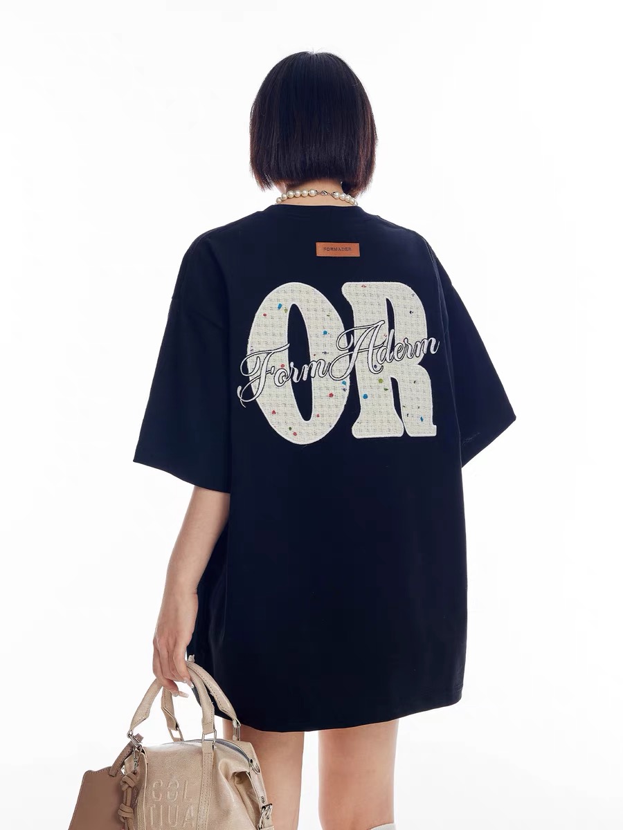 210g pure cotton + leather label, ribbed collar, patch embroidery #black T-shirt women's short-sleeved 2025 new summer