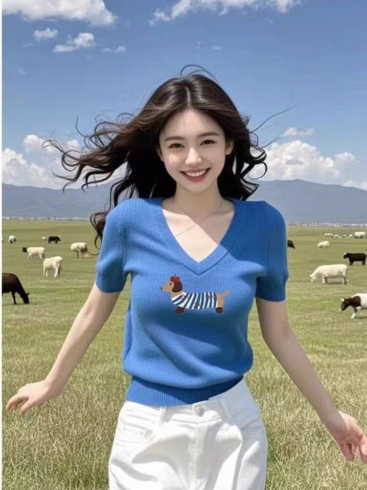 French printed sweater short-sleeved T-shirt for women in summer unique beautiful tops and trendy