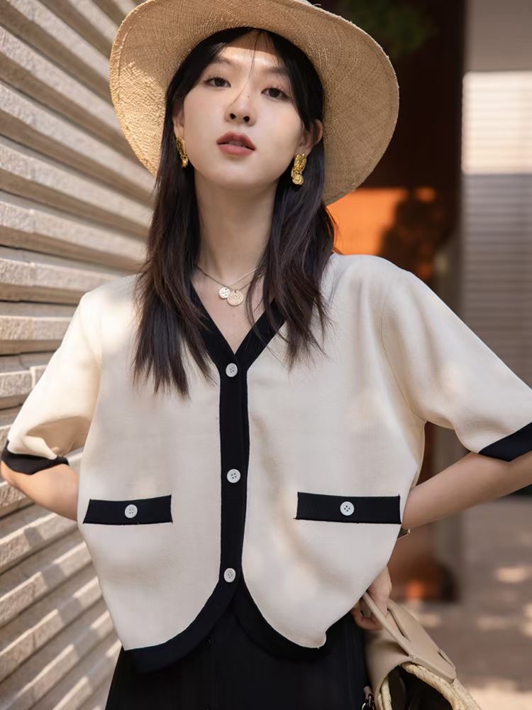 已出貨  小香風針織衫薄款女夏季短袖防曬開衫外套寬鬆V領上衣