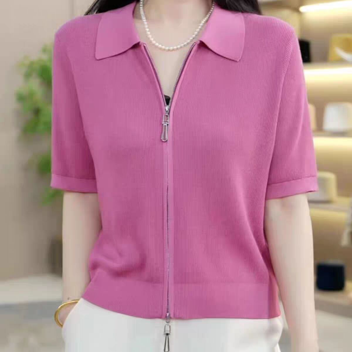 Fashionable double zipper design solid color versatile cardigan short-sleeved T-shirt fashionable age-reducing polo collar shoulder top for women